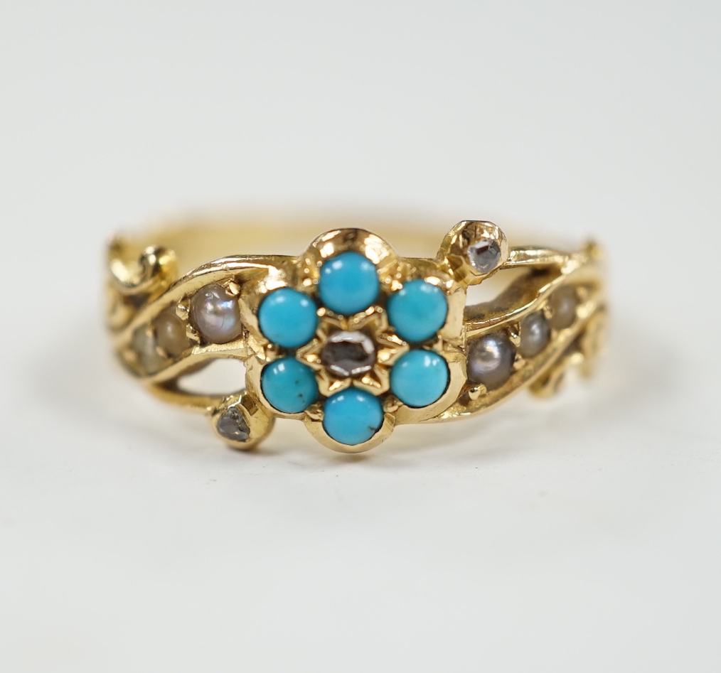 A late Victorian yellow meal, turquoise, rose cut diamond and seed pearl cluster set dress ring, size M, gross weight 3.4 grams.